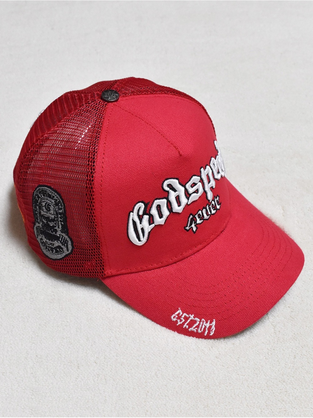 Bold Red Mesh Trucker Cap with Raised Script Logo